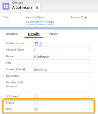 For sample sontact A Johnson, the Details tab is selected and the Promo and NOC checkboxes are highlighted